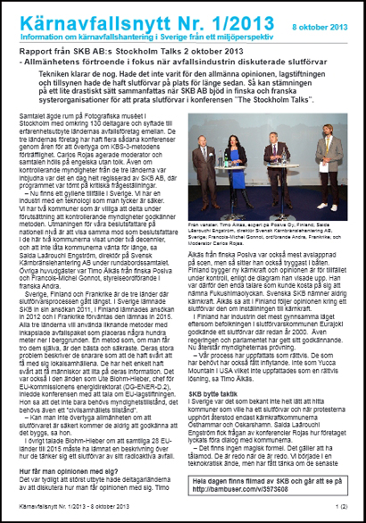 Rapport från SKB AB:s Stockholm Talks 2 oktober 2013